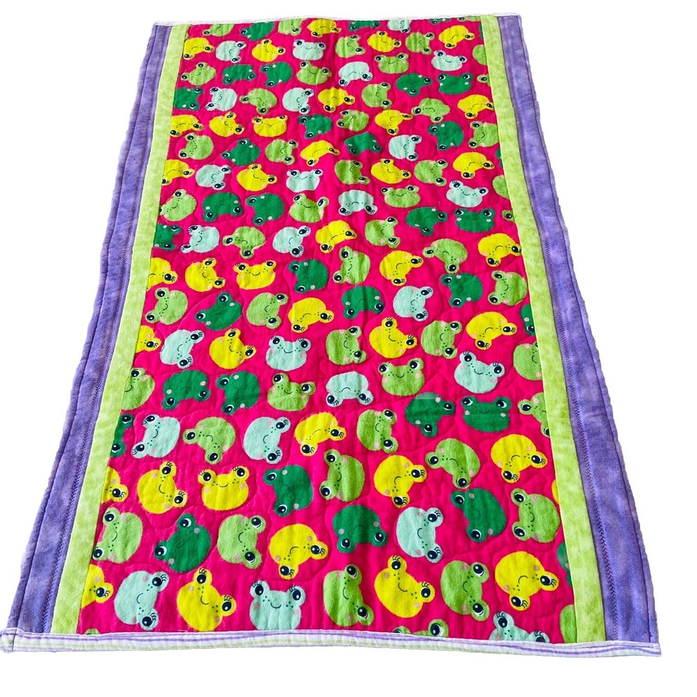 Handmade Green Frog Blanket Smiling Fleece Purple Pink Baby Lovey Toddler School